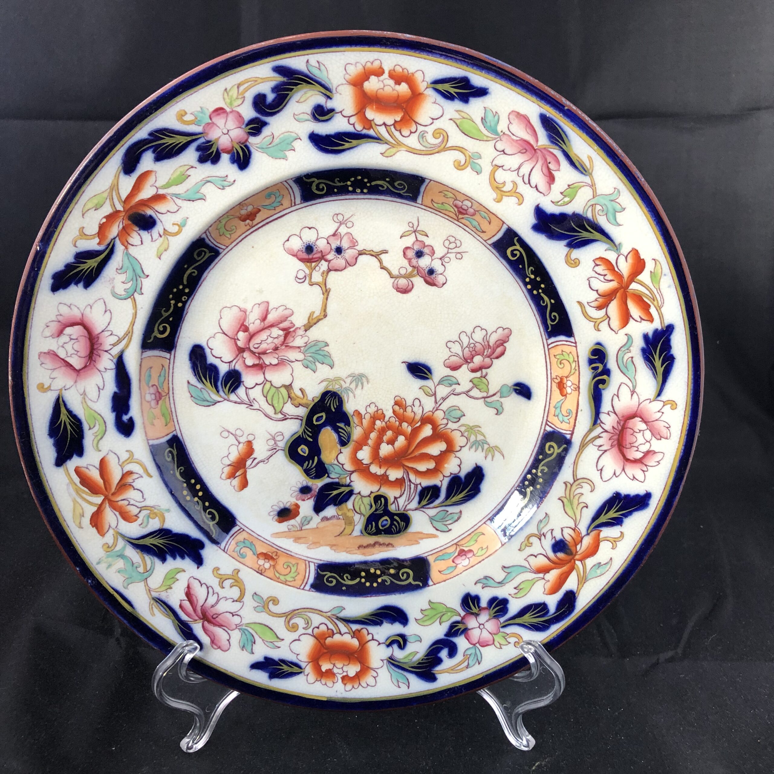 Antique Chinoiserie Cobal Blue & White Iron Red Plates Peonies